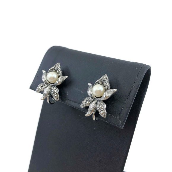 Vintage Orchid Earrings Clip On Faux Pearl Marcasi - Picture 4 of 11